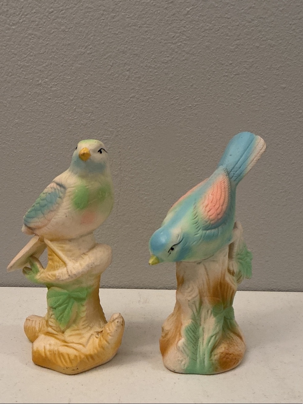 Decorative Chalkware Bird Figurines - Pastel Blue & Green